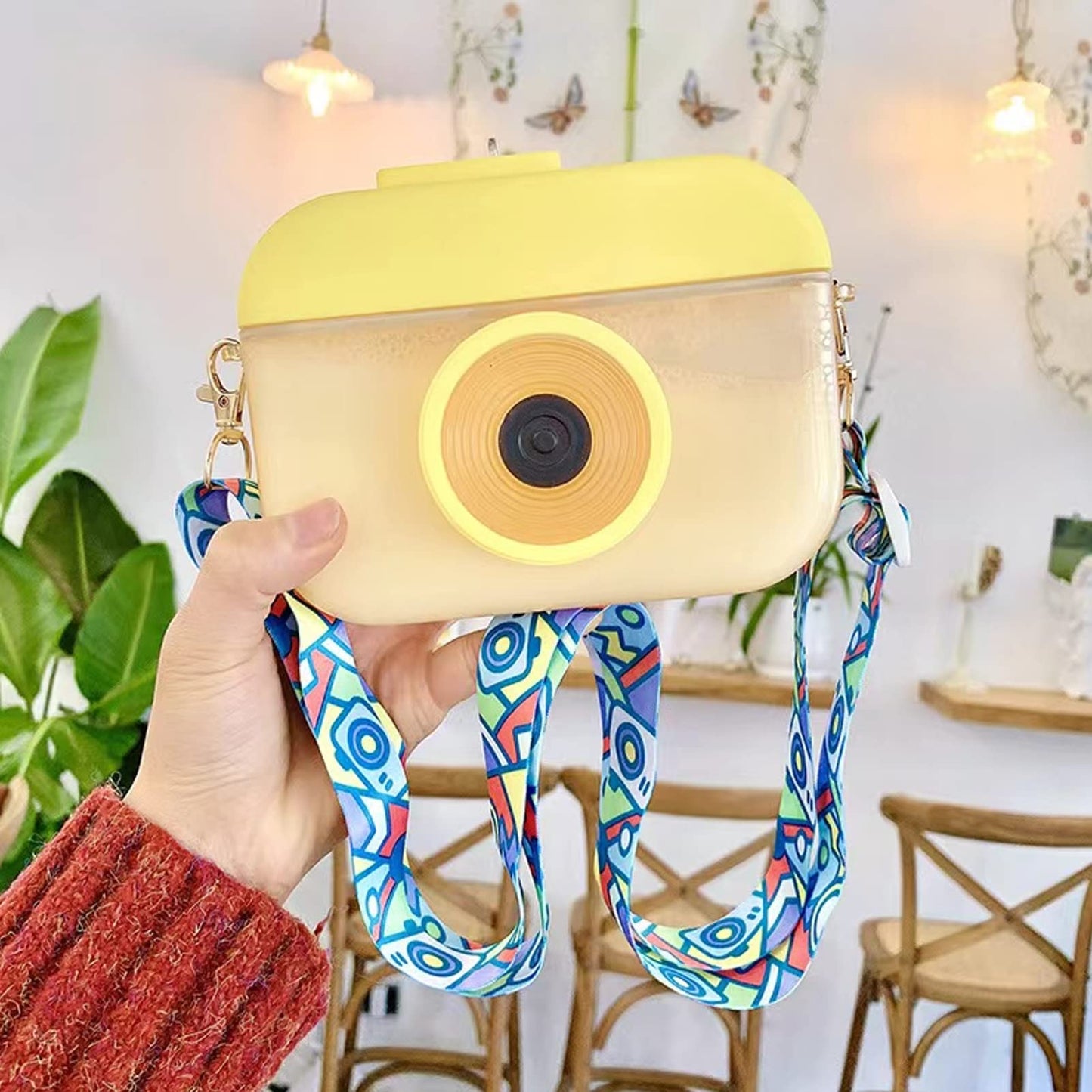 Orijoyna 13 Oz Cute Water Bottle With Straw - Camera Shape Water Cup With Adjustable Shoulder Straps - Ideal Kawaii Gift For Sch