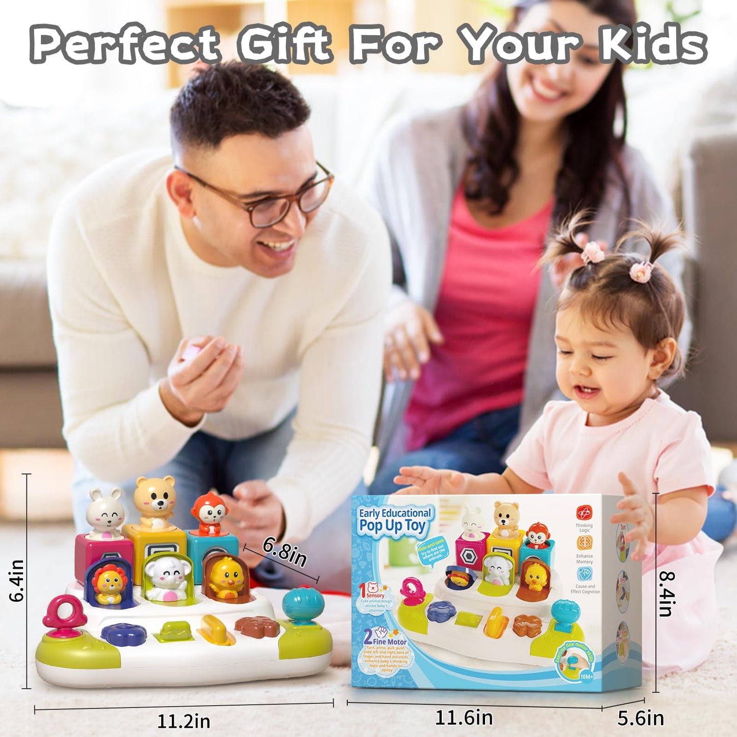 PANITU Baby Pop Up Animal Toys with Buttons & Colors, Montessori Cause and Effect Toys for Boys Girls, Kids, Toddlers, Babies -