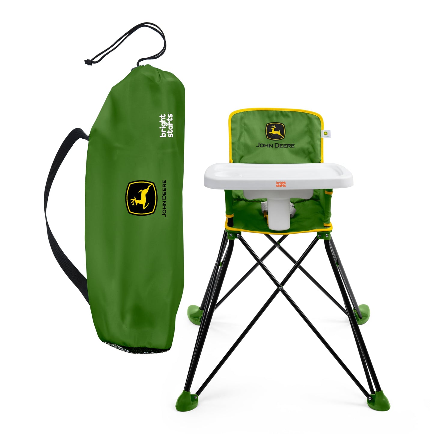 Bright Starts John Deere Pop N Dine Portable High Chair, Indoor/Outdoor, Dishwasher Safe Tray, Easy to Fold, Unisex, Green, 6 M