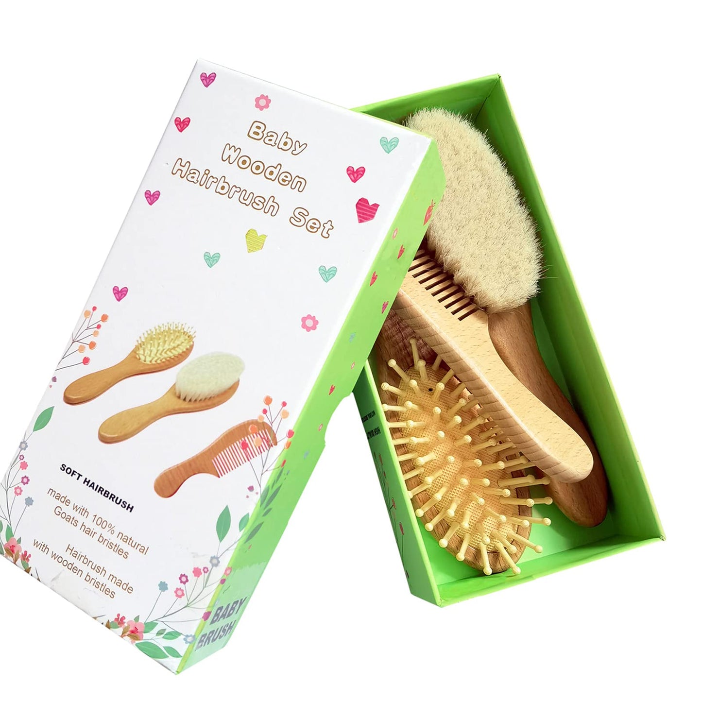 Molylove 3 Piece Baby Hair Brush And Comb Set For Newborn & Toddlers- Natural Wooden Hairbrush With Soft Goat Bristles For Cradl