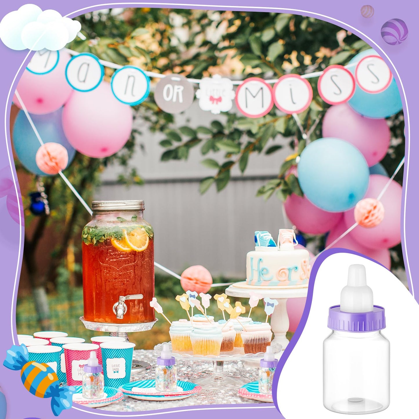 36 Pcs 3.5 Inch Mini Plastic Baby Bottle For Shower Favor - Clear Candy Box Feeding Bottle Decor Gift (Purple)