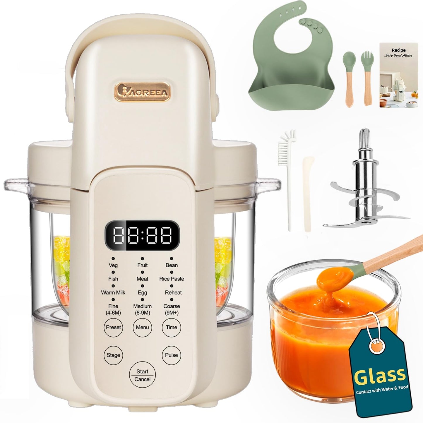 IAGREEA Glass Baby Food Maker, One Step Baby Food Processor Steamer Puree Blender Grinder Mills Machine, Auto Cooking & Grinding