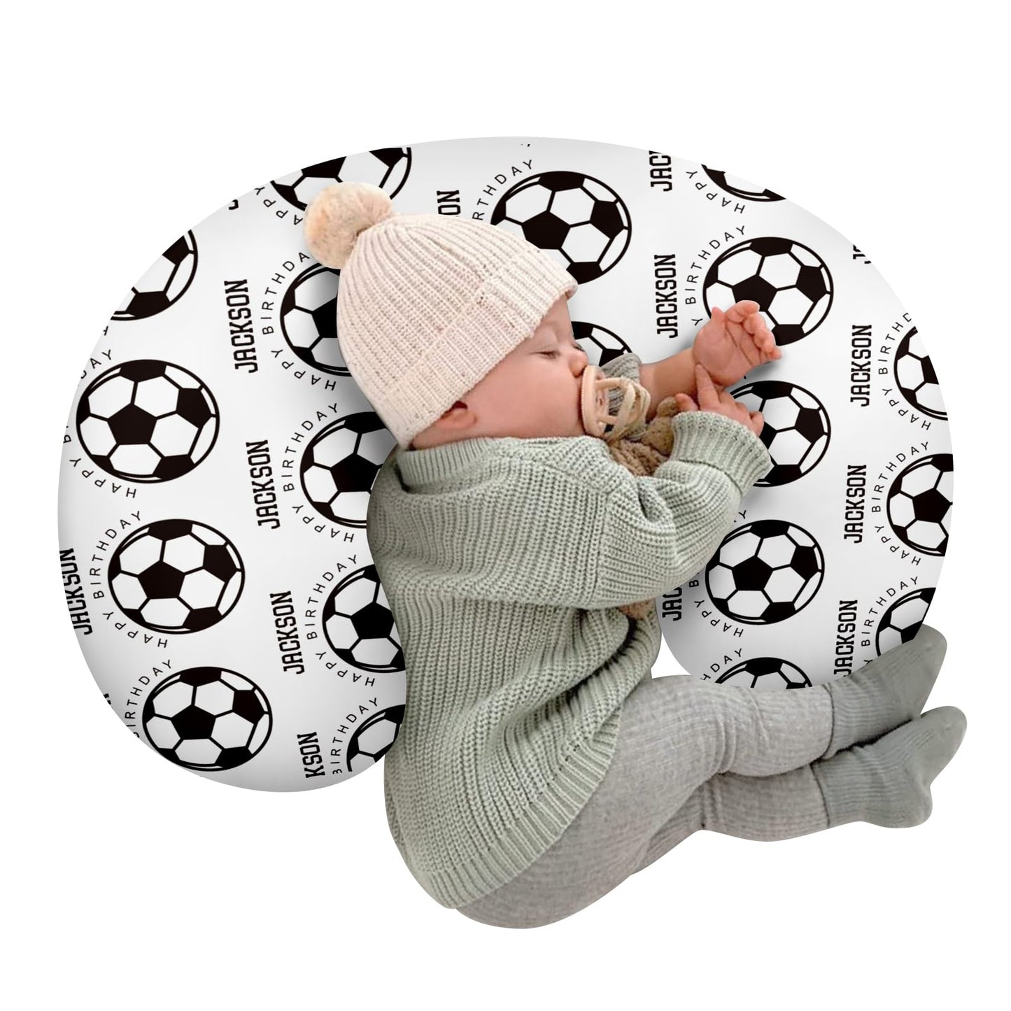 Rucekia Baby Nursing Pillow Cover - Personalized Name White Soccer Theme Breastfeeding U-Shaped for Bottle Feeding, Ultra Soft C