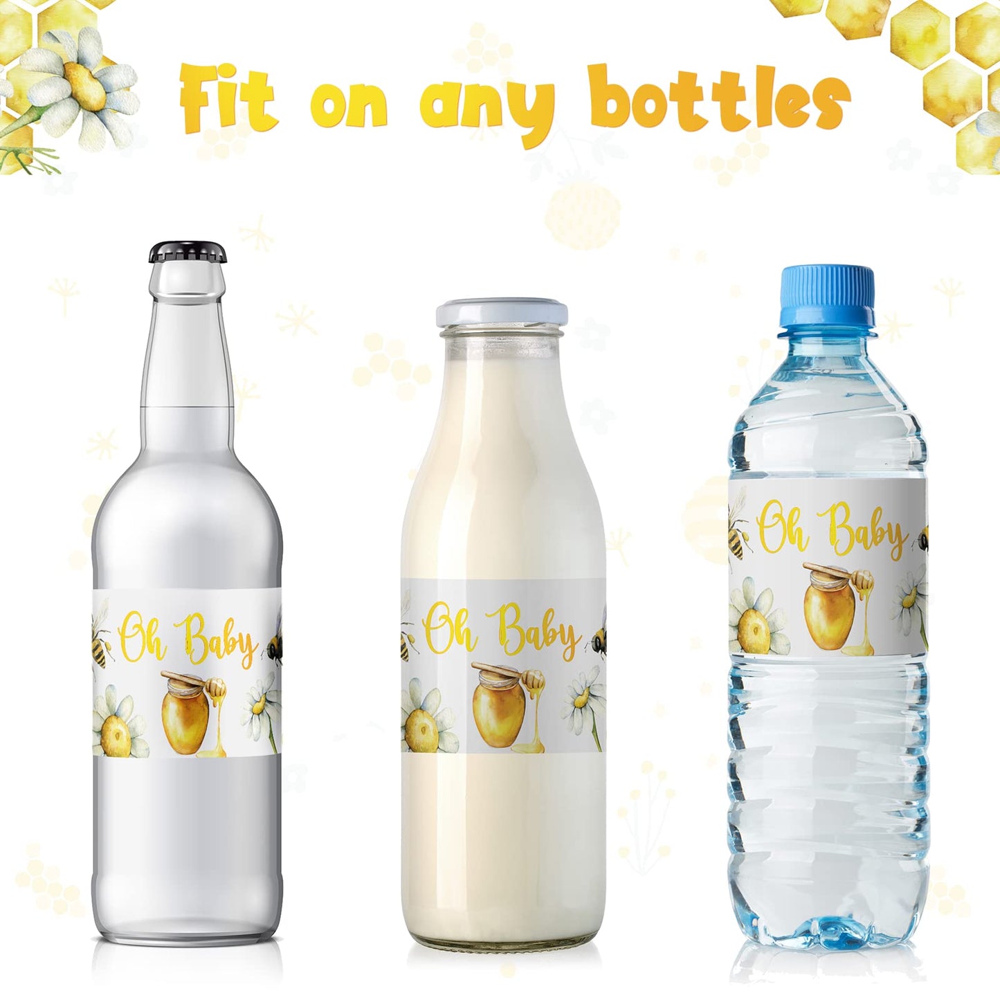 Spakon 48 Pieces Bee Baby Shower Water Bottle Labels Bee Water Bottle Wrappers Baby Shower Favor Decorative Sticker For Gender R