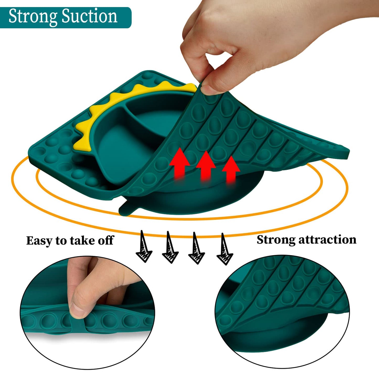 Nicingu Silicone Toddler Dinosaur Feeding Placemat Sets With Spoon And Forks,Baby Push Pop Bubble Suction Divided Plate Utensils