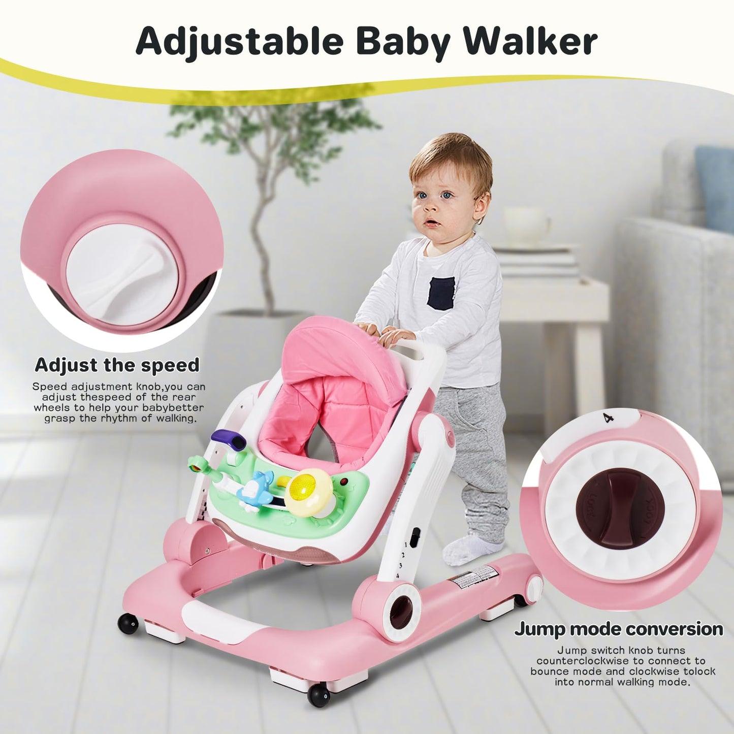 Baby Walker With Wheels, 5 In 1 Walker For Baby Boy Girl 6-12 Months With Bouncer, Music And Lights Baby Jumper Activity Center,