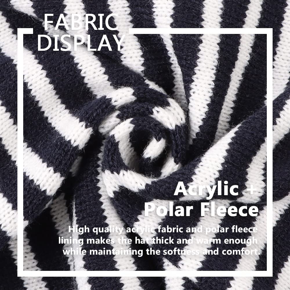 Jangannsa Knitted Baby Hat Scarf Set Winter Warm Boys Girls Beanie Fleece Lining Toddler Kids Hat With Pompom(Striped Navy(Hat+S