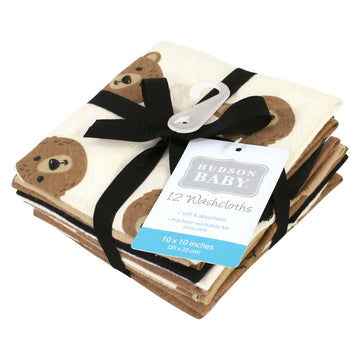 Hudson Baby Unisex Baby Flannel Cotton Washcloths, Brown Bear 12 Pack, One Size