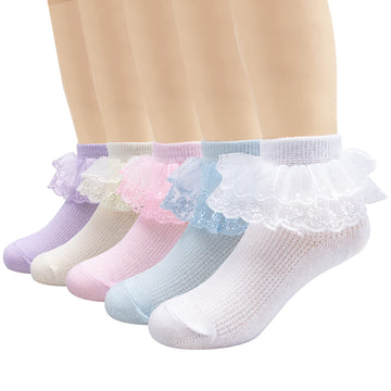 4/5/6 Pack Baby Toddler Girls Ruffle Socks White Princess Eyelet Frilly Lace Ankle Cotton Dress Socks For Little/Big Kids 9-12 Y