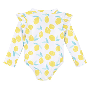 Gerber Girls' Toddler Long Sleeve One Piece Rashguard Swimsuit, White Yellow Lemons, 5T