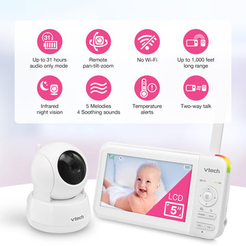 VTech Video Baby Monitor with 5 LCD Screen, Up to 17Hrs Video & 31Hrs Audio Battery Life, Night Vision, 1000ft Range, Pan-Tilt-Z