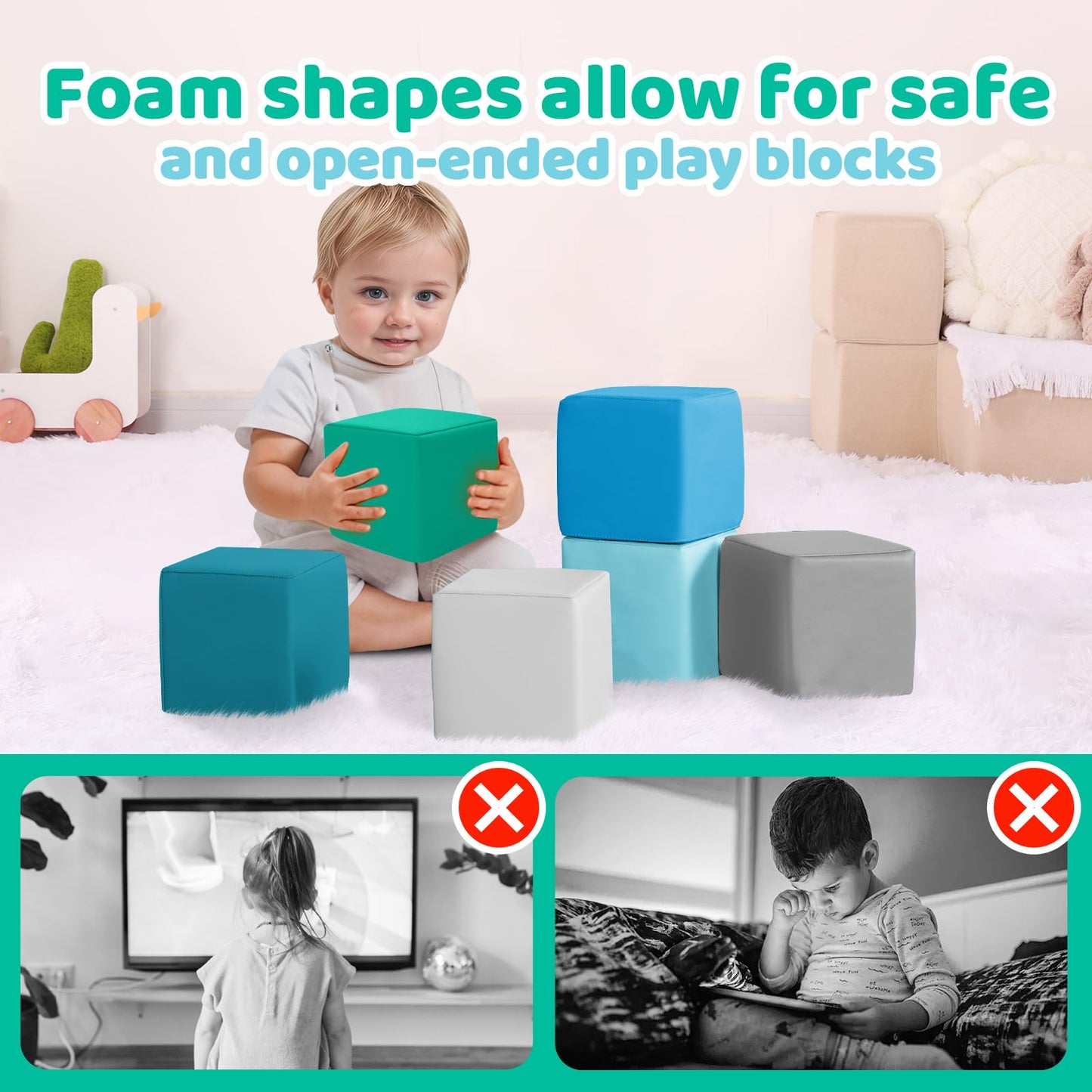 Foam Building Toys for Toddlers: 6-Pieces Waterproof PU Leather Soft Foam Blocks - Colorful Large Stacking Blocks - Early Learni