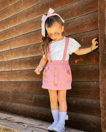 Infant Girls Summer 3Pcs Outfit Sets Ruffle Short Sleeve Ribbed Romper + Suspender Skirt + Headband (A-Pink, 0-3 Months)