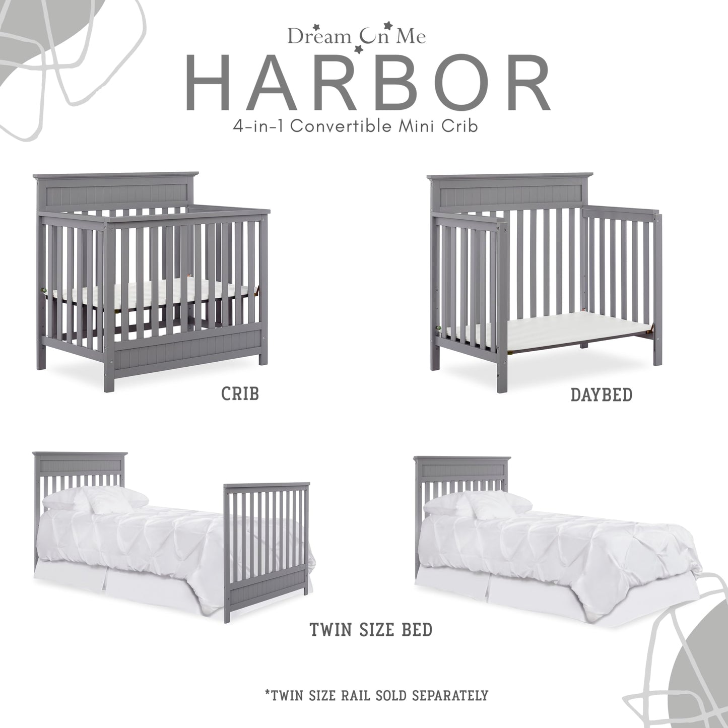 Dream On Me Harbor 4-In-1 Convertible Mini Crib In Storm Grey, Greenguard Gold Certified