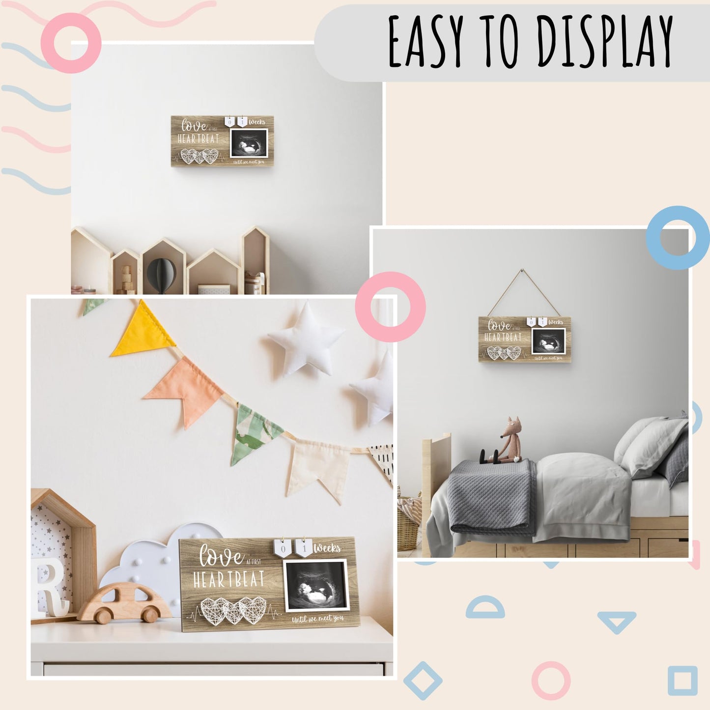 Baby Sonogram Picture Frame With Countdown Weeks - 3 Hearts Design, 4'X3' Ultrasound Photo, Pregnancy Announcements, Gender Re