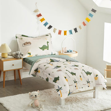 Joyreap 4 Piece Dinosaur Toddler Bedding Set, Cotton Toddler Comforter Sheet Set, Green Dinosaurs Print On White Design For Kids