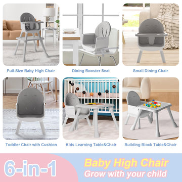 Uniswan 6 In 1 Baby High Chair, Convertible Highchair For Babies And Toddlers (Grey)