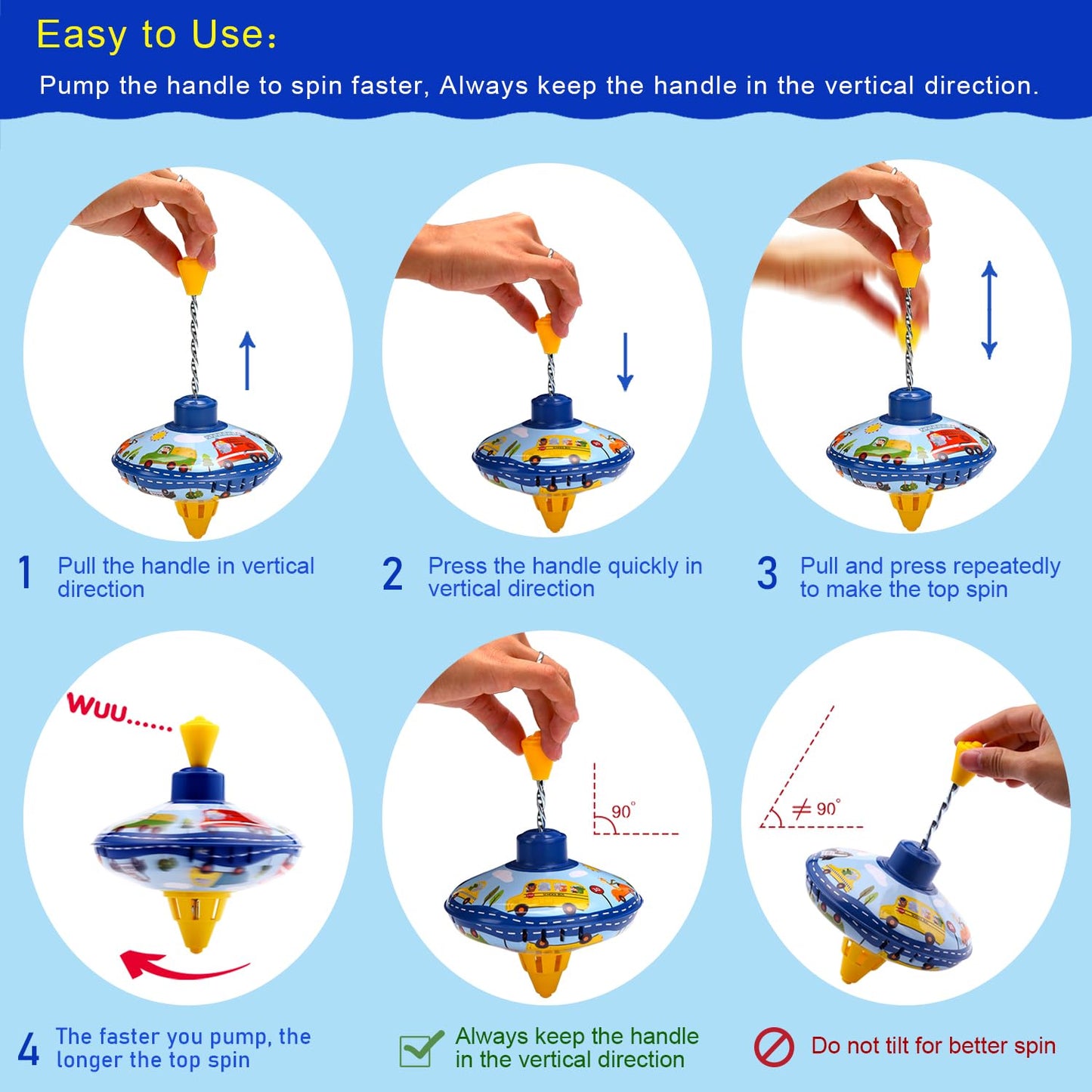 Beeqoo Retro Spinning Top Tin Toy For Kids - Fun Vehicle Classic Toys - Toddler Traditional Spin Tops - Metal Fidget Spinner For