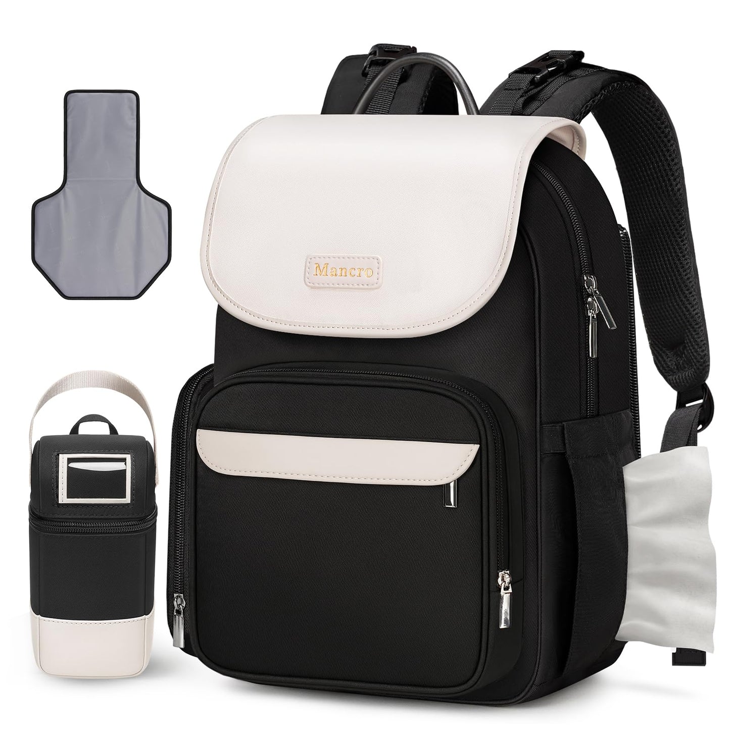 Mancro Small Diaper Bag Backpack with Changing Pad, Stylish Diaper Bag with Insulated Bottle Pocket, Water Resistant Baby Bags f