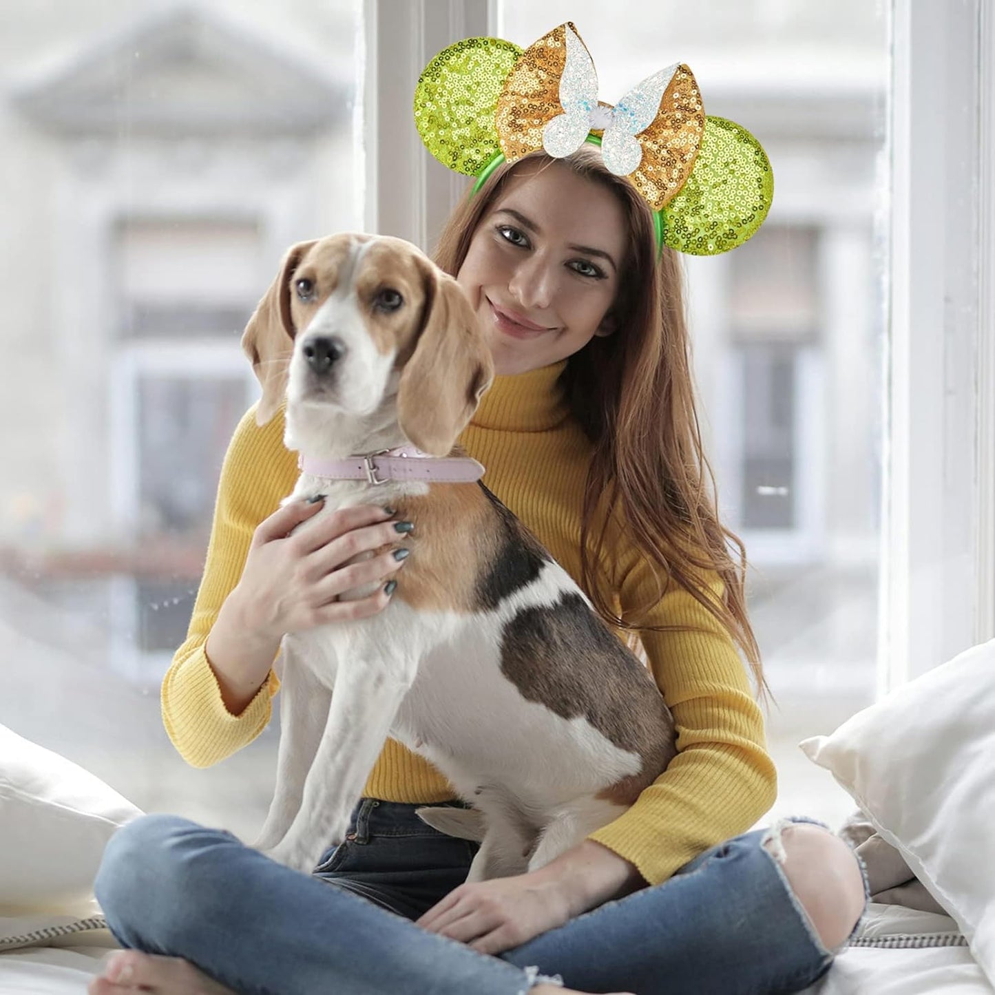 Eisyaa Mouse Ears Bow Headbands, Sequin Tinkerbell Minnie Ears Headband Glitter Party Fairy Wings Dress Up Princess Decoration C