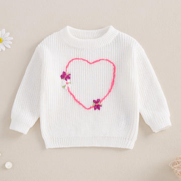 Nokpsedcb Baby Girl Cute Long Sleeve Heart Flowers Embroidery Oversized Sweater Toddler Valentine Outfit (White, 12-18 Months)