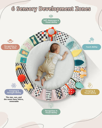 Suihuooo Baby Play Mat Activity Gym,6 Developmental Zones Tummy Time Mat, Foldable Wooden Baby Play Gym With 7 Detachable Sensor