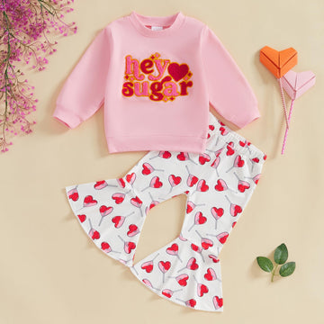 Dcohmch Toddler Girl Valentines Day Outfit Letter Embroider Sweatshirt Shirt Heart Pants Baby Girls Spring Clothes (Light Pink,