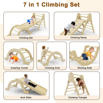 Doerpuz Pikler Triangle Set 7 In 1,Foldable Baby Climbing Toys Wooden,Toddler Climbing Toys Indoor,Climbing Toys For Toddlers 1-