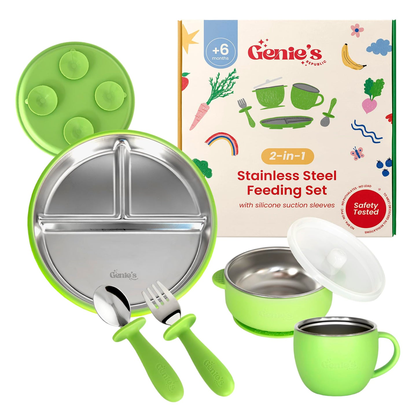 Genies Republic Stainless Steel Baby Plates & Bowls Set with Suction | Toddler Plates with Suction | Non-Toxic | BPA-Free | 100