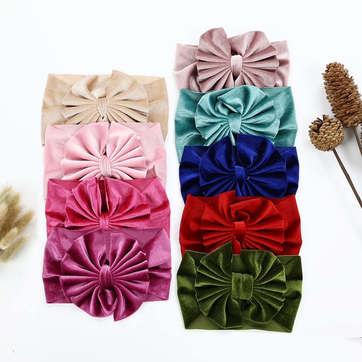 Cinaci 9 Pack Solid Soft Velvet Stretchy Knot Bowknot Hair Bows Wide Headbands Headwraps Autumn Winter Hair Accessories For Baby