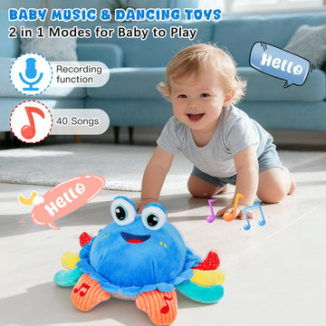 YUANNA Baby Toys 1 Year Old 6-12 Month Tummy Time Toys Crawling Musical Crab Plush Toy Dancing Walking Moving Bouncing Sensory T