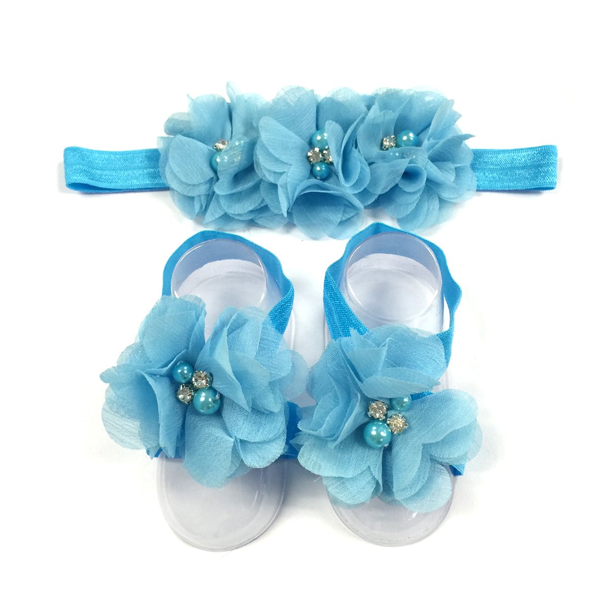 Allydrew Baby Girl Barefoot Flower Sandals & Headbands Set Chiffon Flower Baby Sandals - Sunshine (Set Of 4),One Size