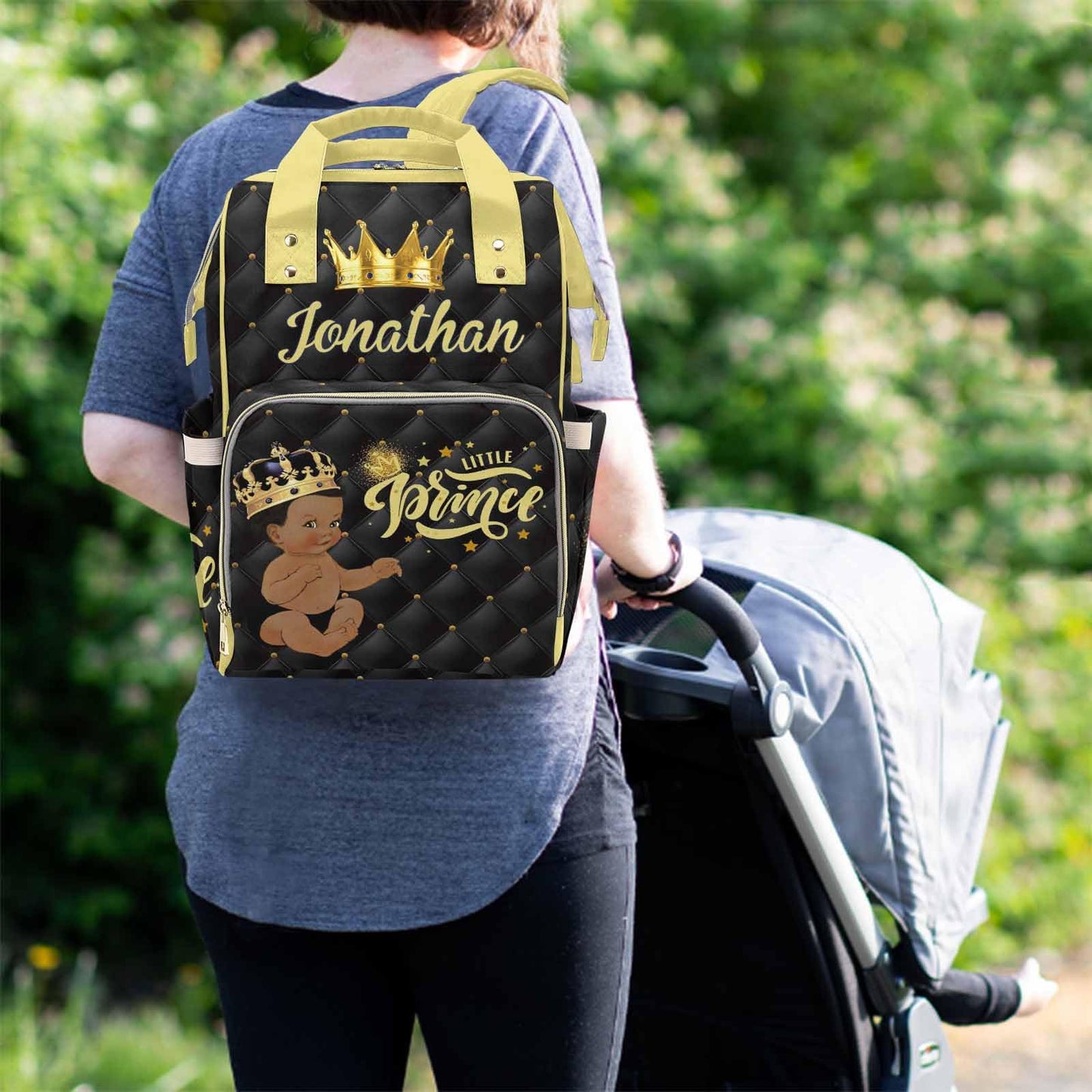 M Yescustom Custom Name Baby Bags For Dad Mom, Personalized Black Crown Diaper Bag Backpack With Stroller Straps Large Capacity
