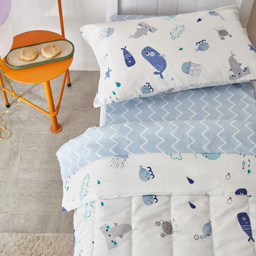 Joyreap 4 Piece Cotton Toddler Bedding Set For Kids Boys N Girls, Ocean Style Starfish Whale Crab Printed, Includes Quilted Comf