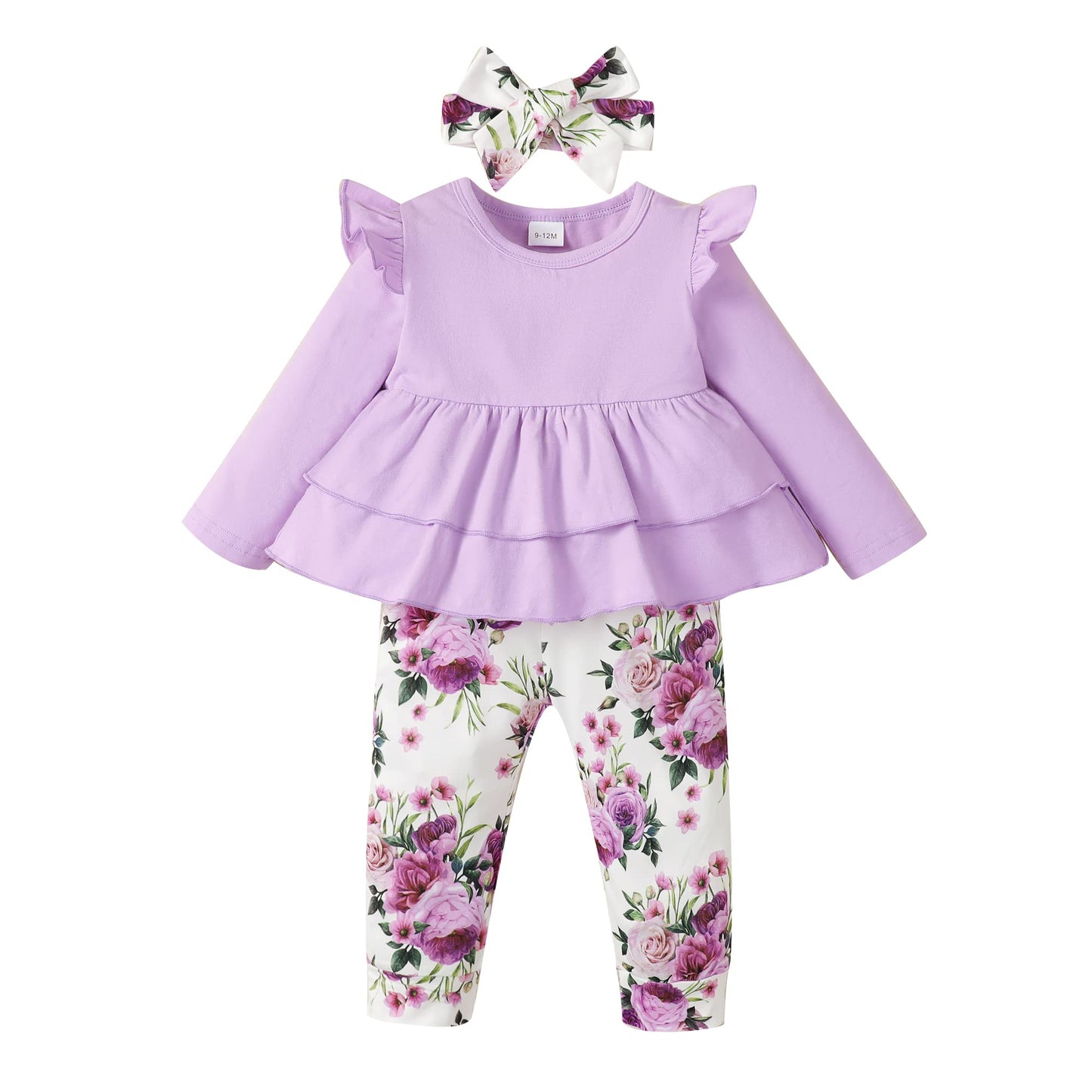 Baby Girl Clothes 12-18 Months Cute Girl Outfits Ruffle Shoulder Long Sleeve Top Floral Pant Headband 18 Months Girl Clothes Bab