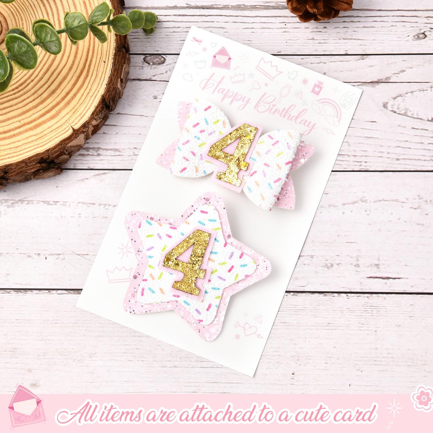 Deeka 4Th Birthday Hair Bow And Badge Set For Girl - Glitter Pink And White Hair Clips For 4 Year Girl Party Decoration - Girls