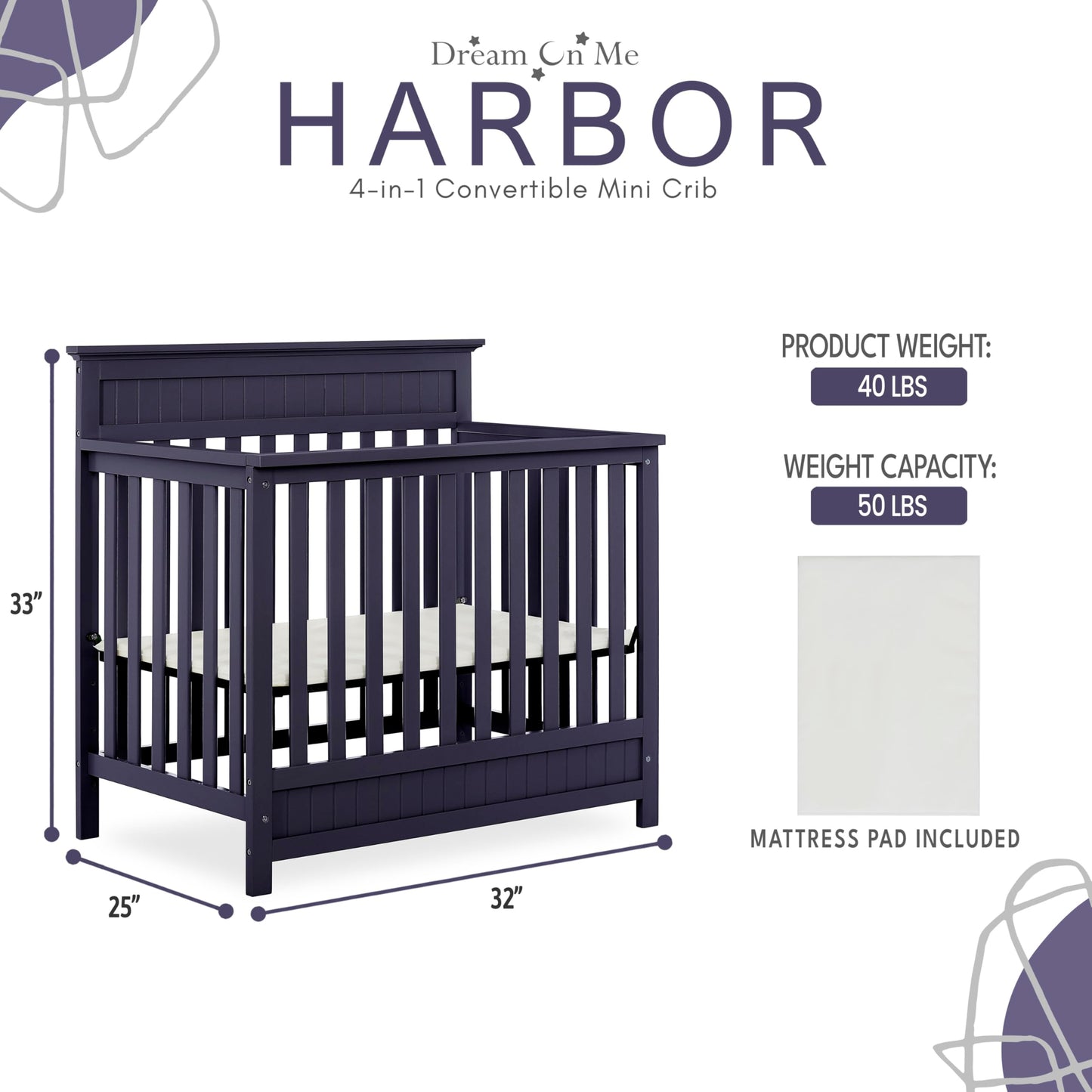 Dream On Me Harbor 4-In-1 Convertible Mini Crib In Navy, Greenguard Gold Certified
