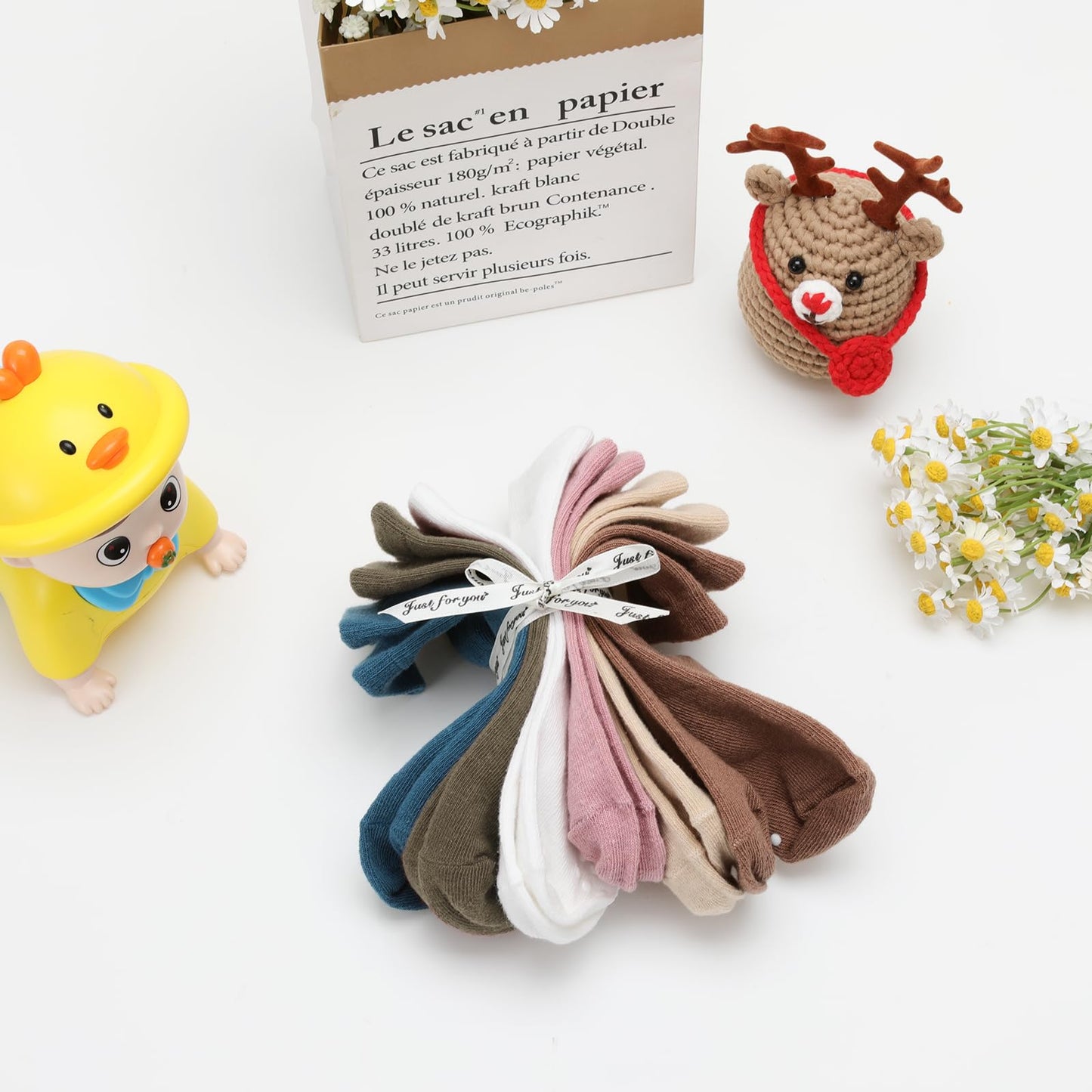 Jakidar 12 Pack Baby Socks Cotton Crew Toddler Socks Grips Non Slip Bottom Kids Socks, Pink Blue Brown Khaki 12-24M