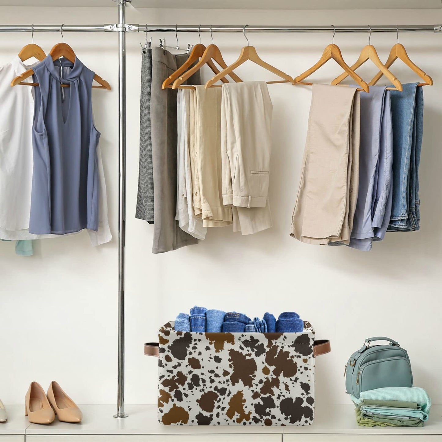 Xigua Cow Print Rectangular Storage Bin Canvas Square Storage Basket With Handles For Home,Office,Books,Nursery,Kid'S Toys,Close