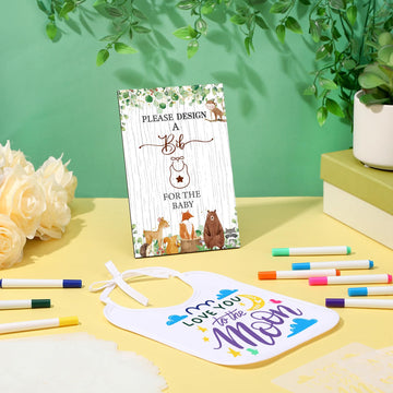 Panitay 100 Pcs Diy Baby Bibs Decorating Kit 50 White Bibs 25 Stencils 24 Fabric Markers 1 Baby Shower Game Sign(Land Animal)