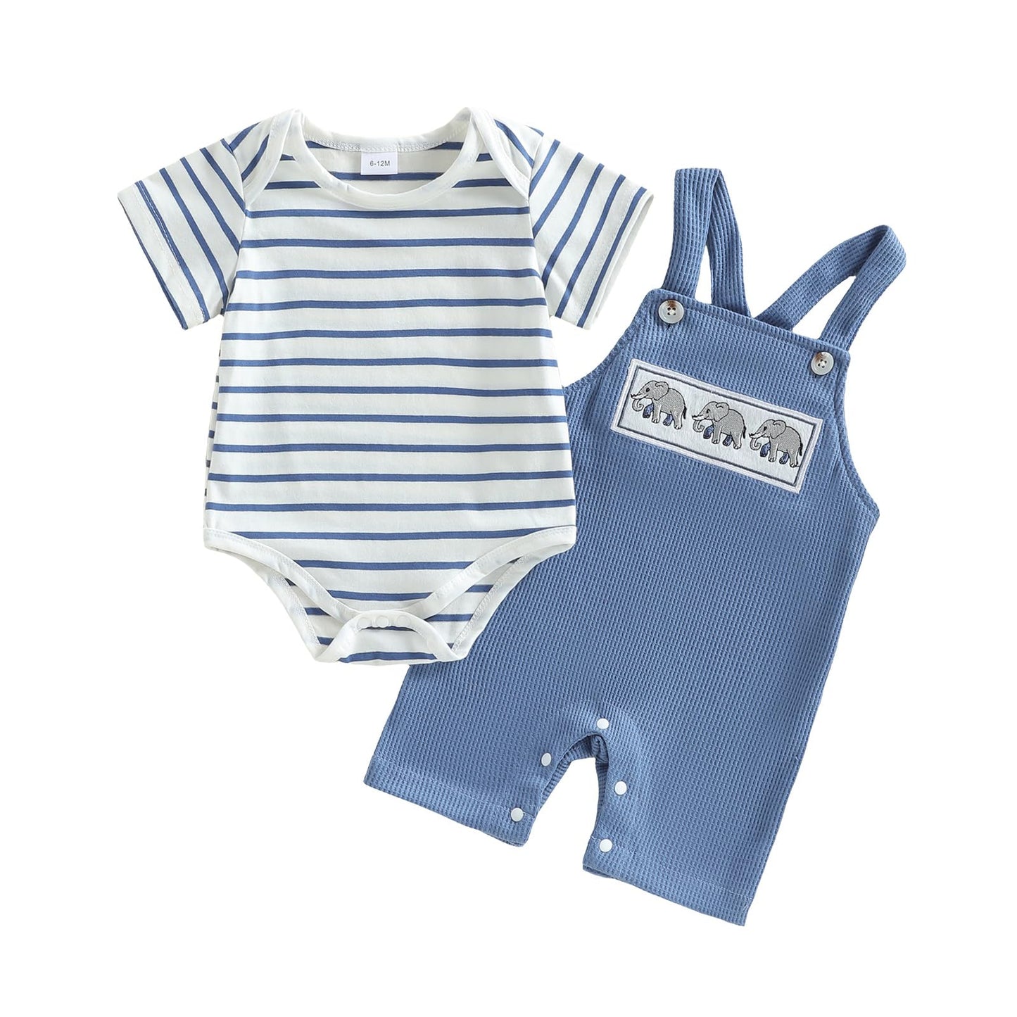 Kavousa Newborn Baby Boy Summer Clothes Short Sleeve Romper Jumpsuit and Overall Shorts Set 2 Piece Outfit (Striped Elephant Blu