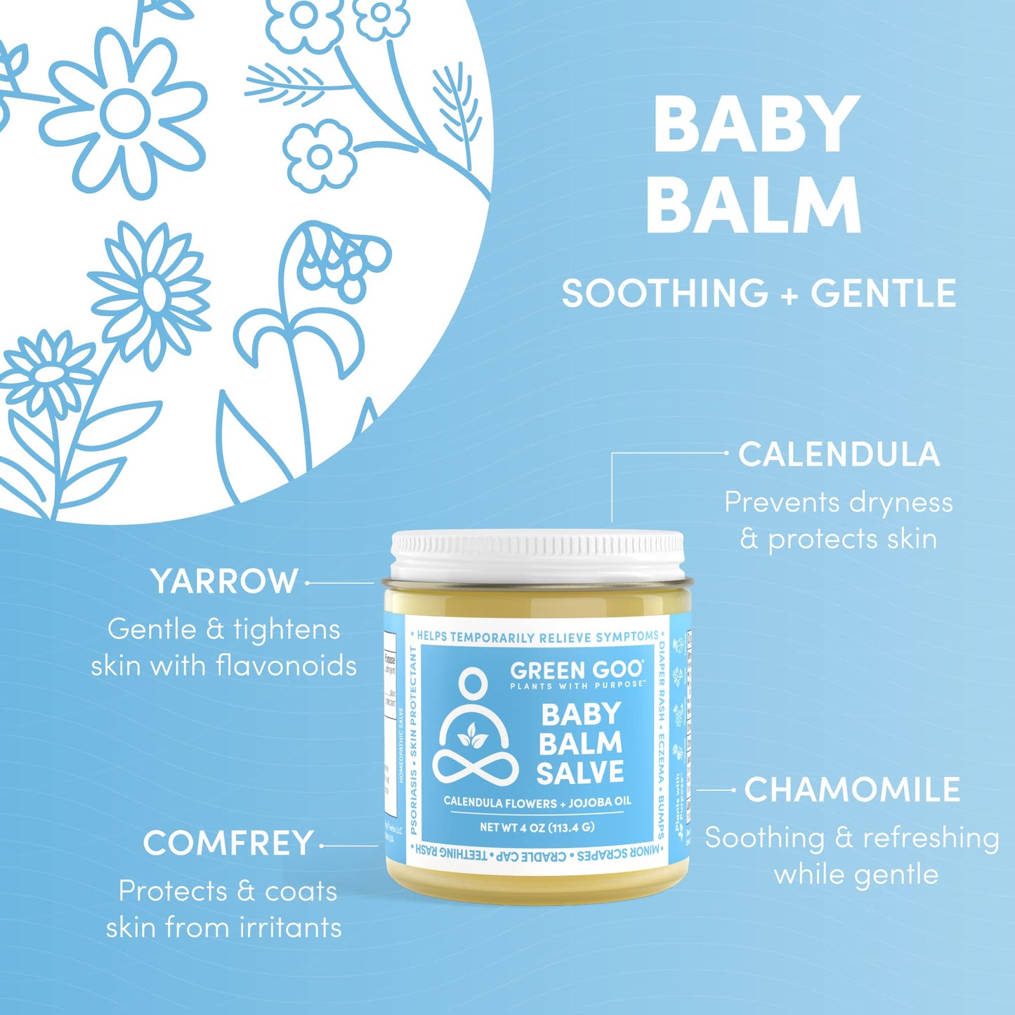 Green Goo Baby Balm, Organic Gentle Moisturizing & Soothing Baby Lotion, Helps Relieve Skin Irritations, 4 Oz Jar