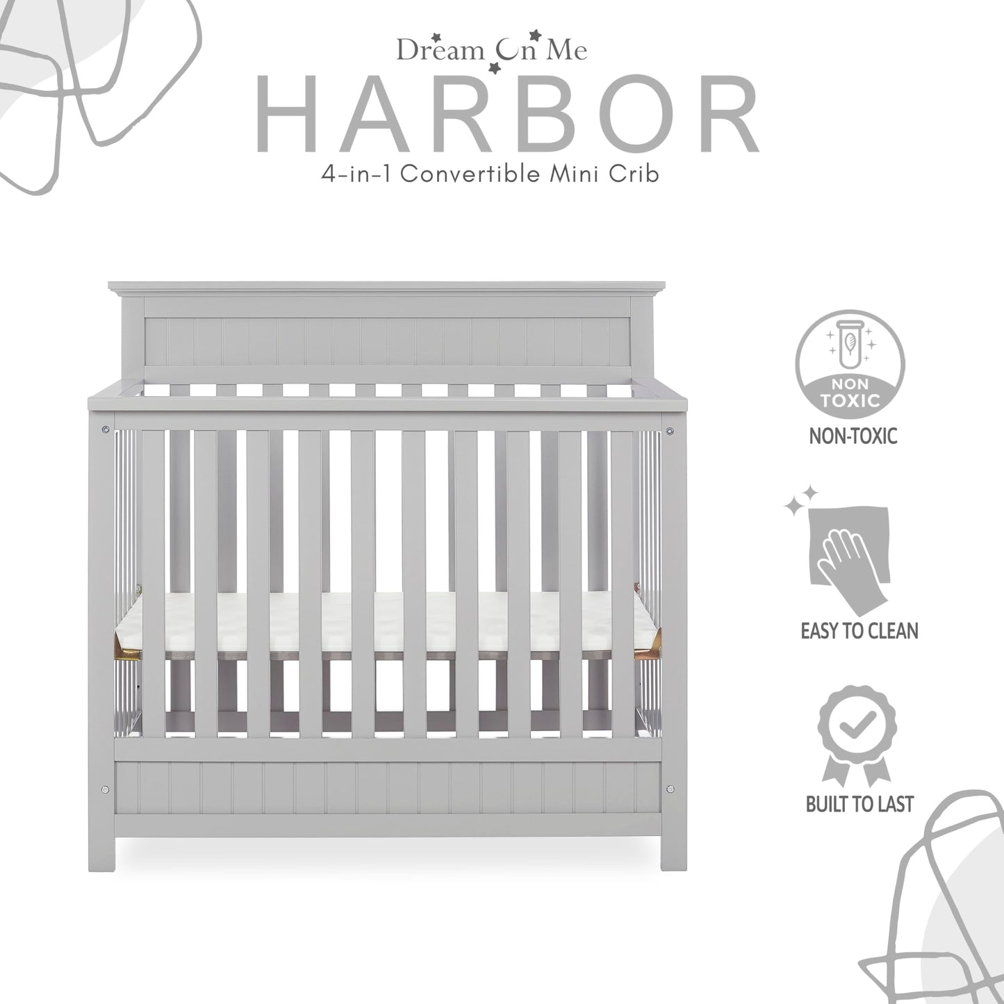 Dream On Me Harbor 4-In-1 Convertible Mini Crib In Pebble, Greenguard Gold Certified