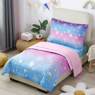 Urbonur 4 Piece Toddler Bedding Set Rainbow Colorful Mermaid Toddler Bedding Set For Girls Bed, Include Comforter, Fitted Sheet,