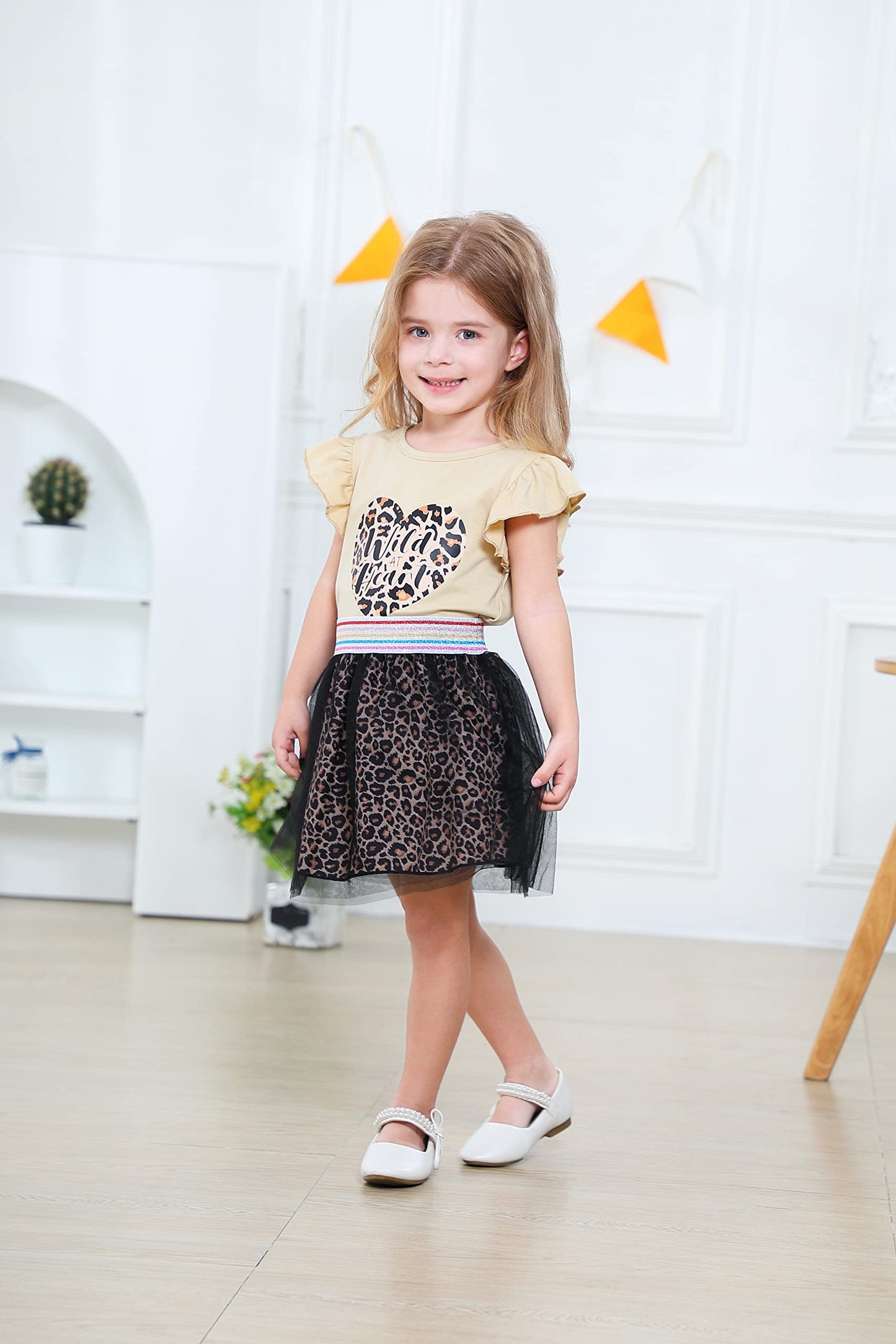 Retsugo Toddler Girl Heart Skirt Set Flutter Sleeve Heart Print Shirt Leopard Dresses Tulle Tutu Dress Kids Valentines Day Outfi