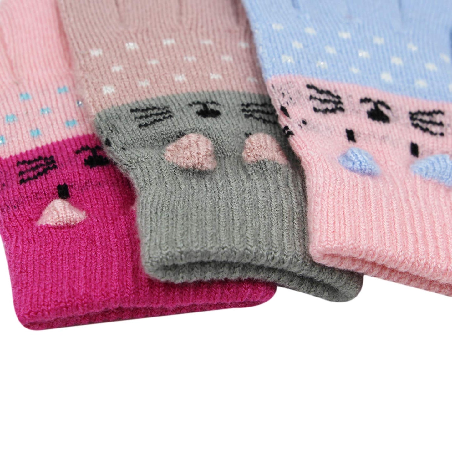 Rarityus 3 Pairs Kids Cute Cat Warm Gloves Winter Knitted Mittens For Boys Girls Toddler 2-6 Years Old