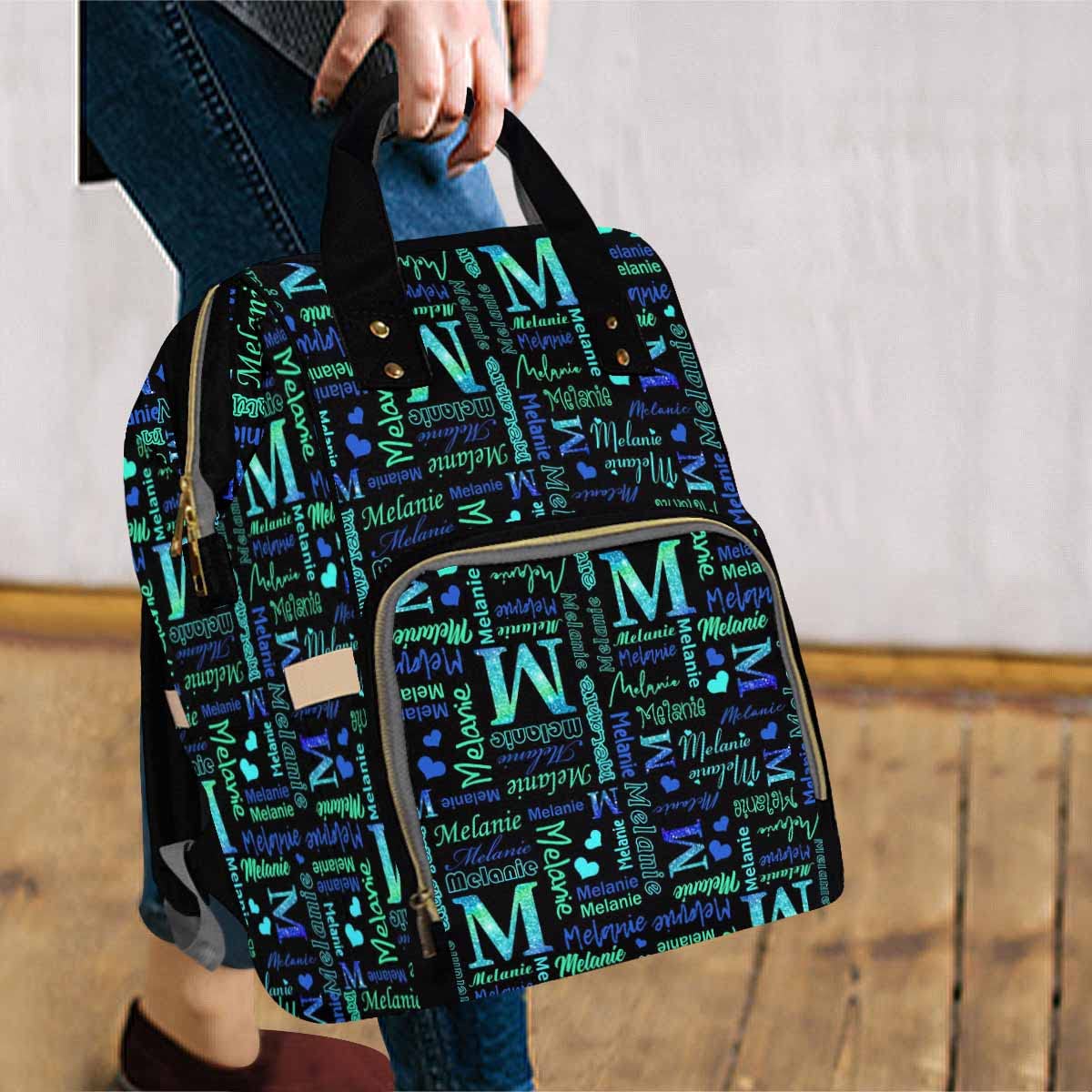 Artsadd Custom Name Diaper Bag Mommy Nappy Bags, Personalized Gradient Green Glitter Handbags Large Capacity Multi-Function Nurs