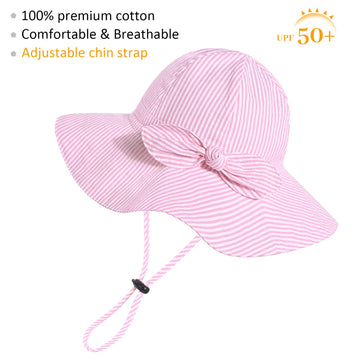 Baby Girl Sun Hat With Upf 50+ Outdoor Adjustable Beach Hat With Wide Brim Bucket Hats (12-24 Months, Pink-Stripe Printing)