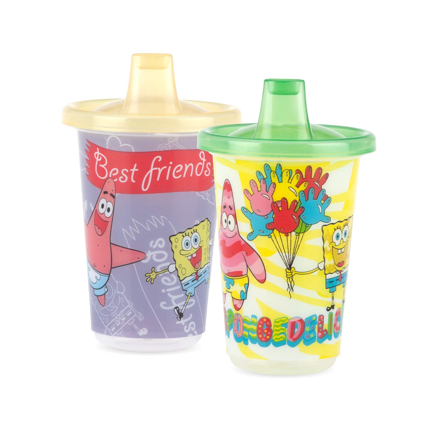 Nuby 6 Pack Polypropylene Wash Or Toss Reusable Cups & Lids With Spout, Nickelodeon Spongebob Squarepants, 10 Oz.