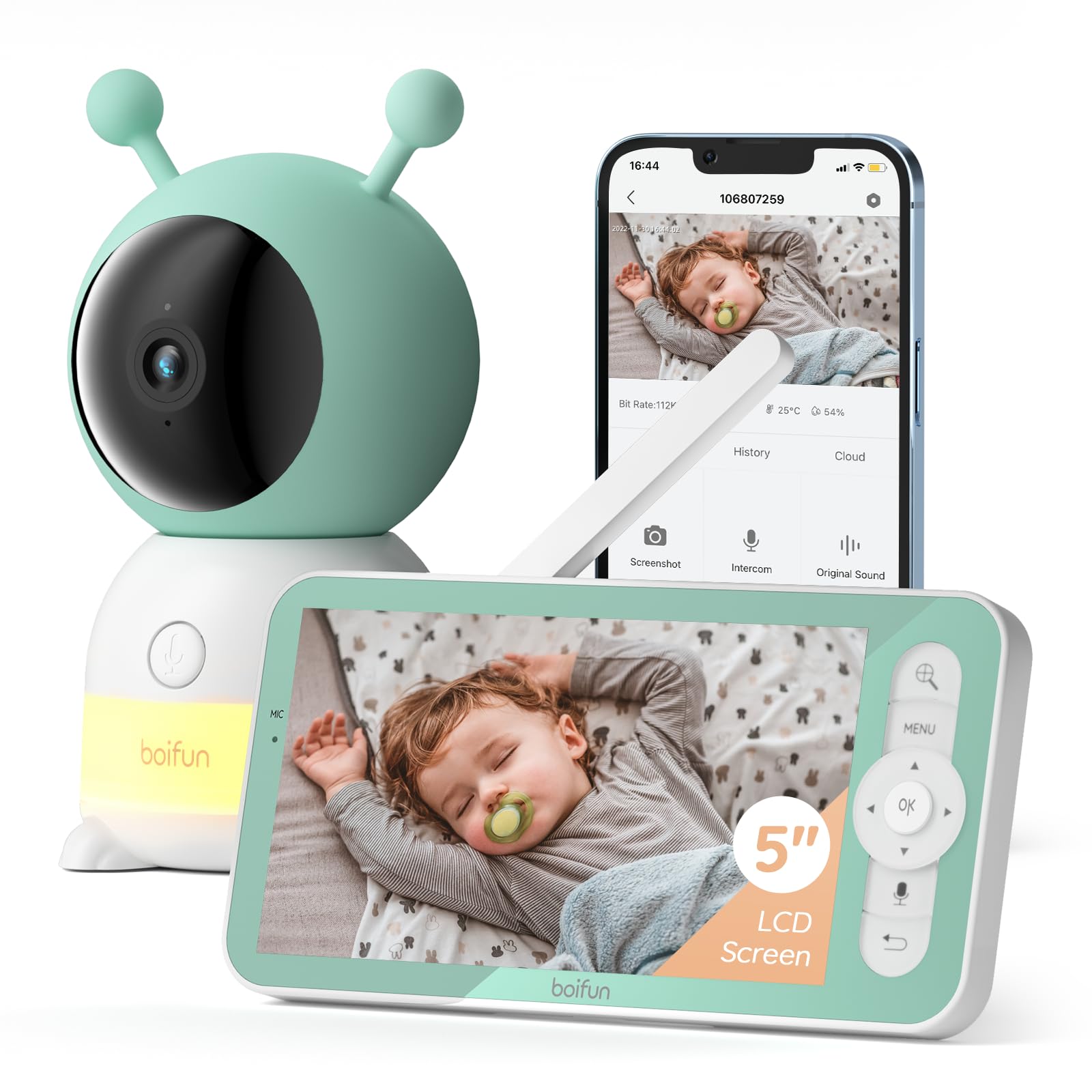 Boifun 5' Baby Monitor, 2K Wifi Baby Camera Via Screen And App Control, Temper& Humidity Sensor, Night Vision, 2-Way Talk, Cry&